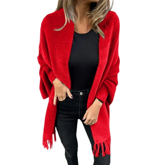 Women's Long Sleeve Casual Tassel Shawl Coat Fall Winter Knit Fringe Shawl Warm Coat