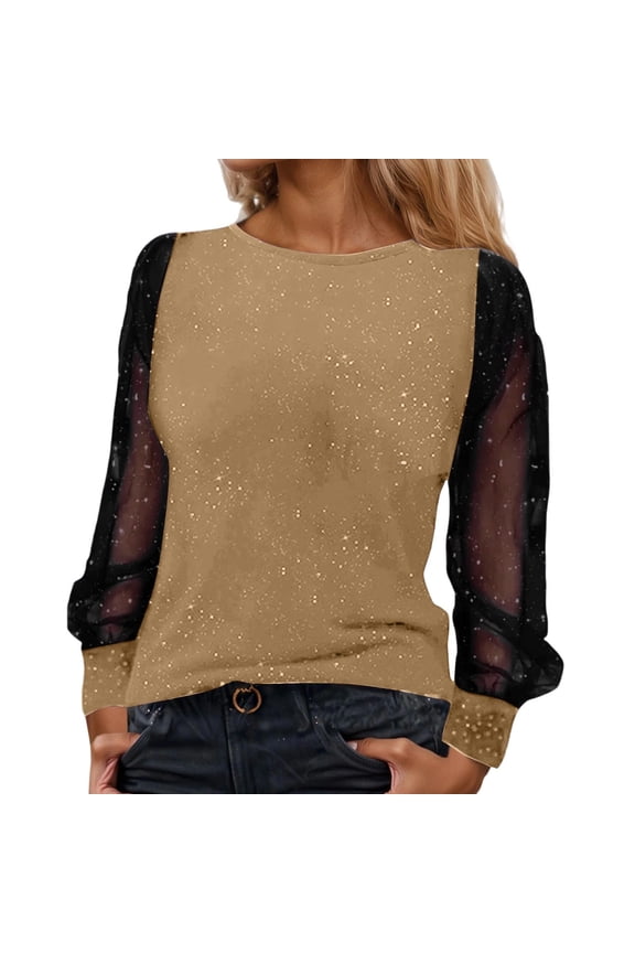 Women's Long Sleeve Casual Top with Sheer Mesh Yoke Loose Fit Round Neck Everyday Comfort T-Shirt Oversized T-shirts Short Sleeve Crewneck Casual Tops