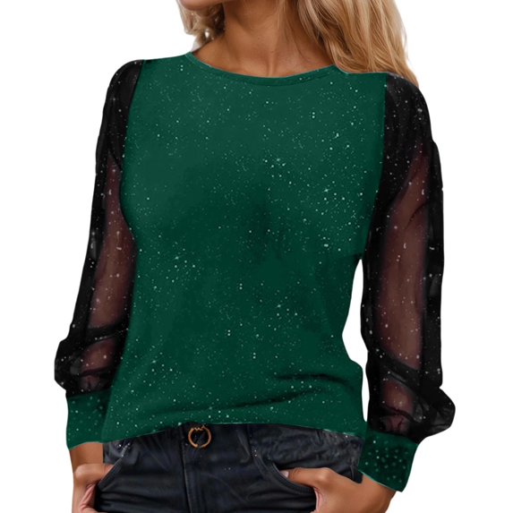 Women's Long Sleeve Casual Top with Sheer Mesh Yoke Loose Fit Round Neck Everyday Comfort T-Shirt Oversized T-shirts Short Sleeve Crewneck Casual Tops