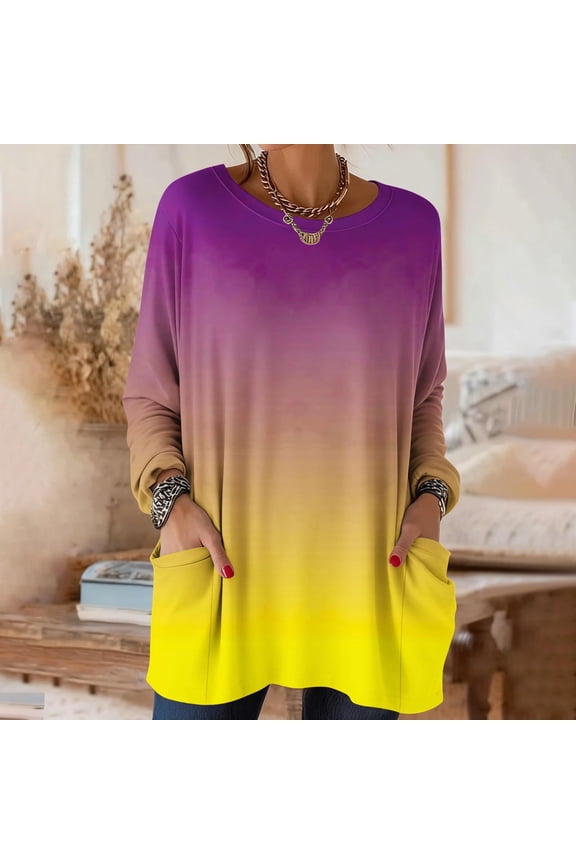Women's Long Sleeve Casual Top with Pockets, Gradient Color Loose Fit Round Neck Tunic