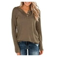 thumbnail image 1 of Women's Long Sleeve Casual Tops Button V Neck Solid Color Tunic Sweater Top Fall Winter Trendy Blouses Sweatershirt(XX-Large,Khaki), 1 of 5