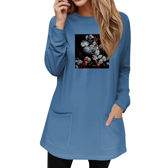 Women's Long Sleeve Casual Tunic Top with Floral Print and Pockets, Loose Fit Sweatshirt for Fall and Winter