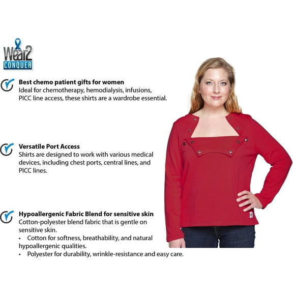 Women's Long Sleeve Chemotherapy Port Access Shirt with Dual Chest Snap Access Ruby Red Medium