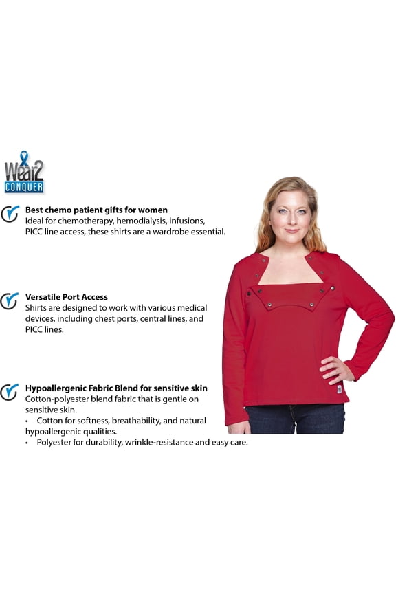 Women's Long Sleeve Chemotherapy Port Access Shirt with Dual Chest Snap Access Ruby Red Large