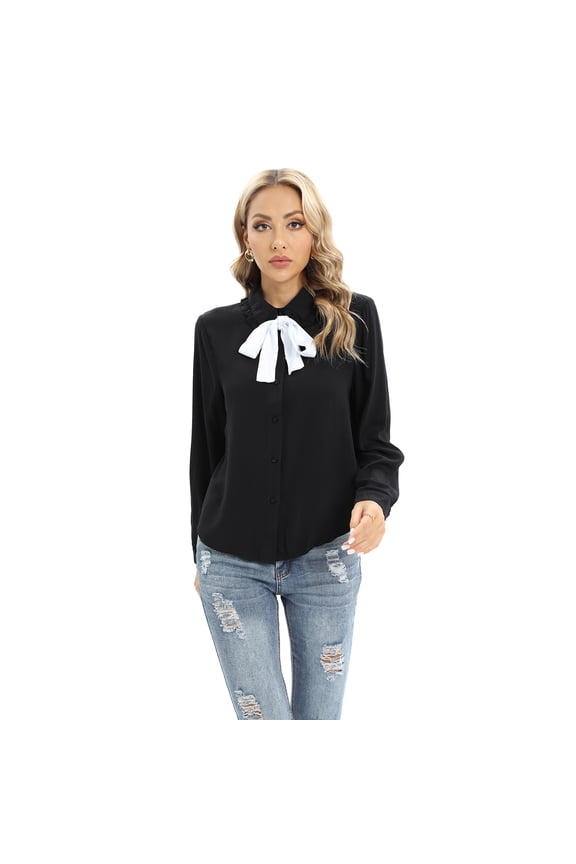 Women's Long Sleeve Chiffon Blouse Shirt with Bow Tie Casual Office Top