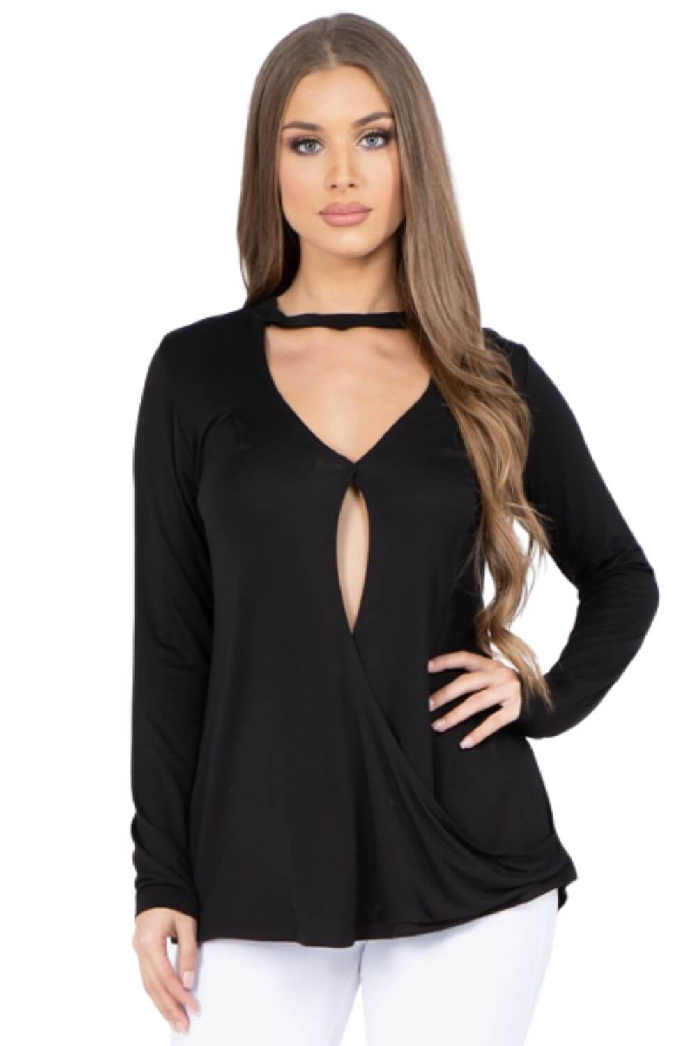 Women's Long Sleeve Choker Neck Keyhole Wrap Top, Black, M