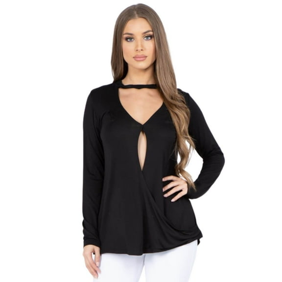 Women's Long Sleeve Choker Neck Keyhole Wrap Top, Black, S
