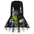 Women's Long Sleeve Christmas Dress with Green Cartoon Print, Festive Holiday Party Dress