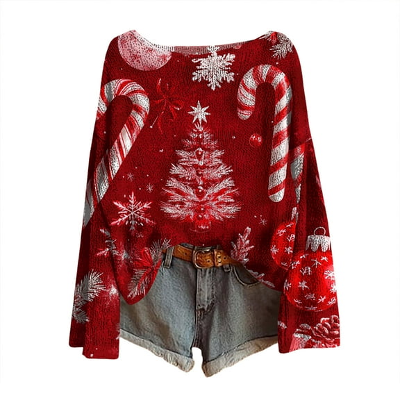 Women’s Long Sleeve Christmas Print Pullover Top with Festive Tree Snowflake and Candy Cane Pattern Holiday Sweater Knitwear