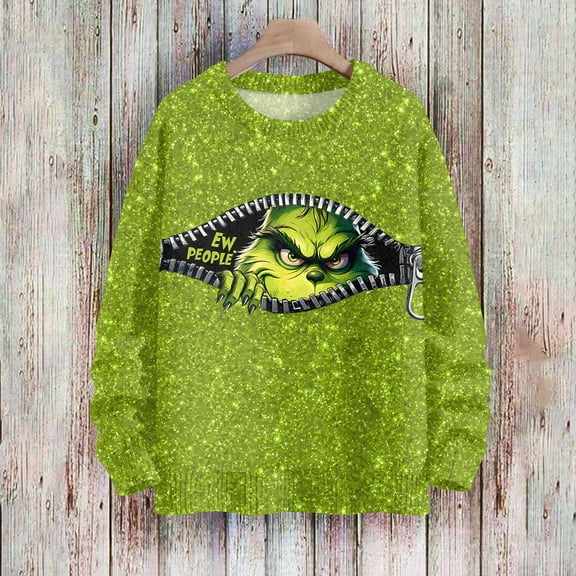 Women's Long Sleeve Christmas Pullover Ugly Sweatshirt Funny Christmas Shirt Green 03-Fluorescent Green XL