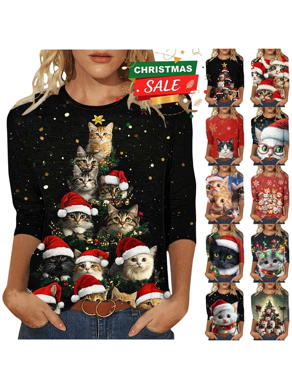 Women's Long Sleeve Christmas Shirts Cat Printed Crewneck 3/4 Sleeve T Shirt Casual Fall Winter Holiday Tops for Cat Person Loose Fit Ugly Christmas Shirts for Women