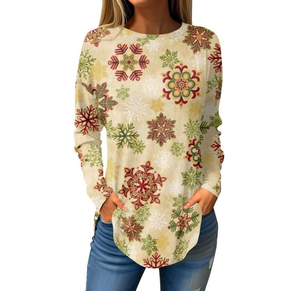 Women's Long Sleeve Christmas Snowflake Print Tunic Top Casual Holiday Festive Pullover Blouse with Pockets