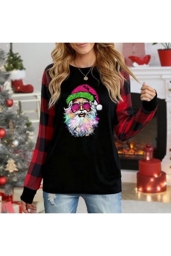 Women's Long Sleeve Christmas Top, Edgy Santa With Neon Glasses & Light-Up Beard Festive Graphic Plaid Raglan Sweatshirt