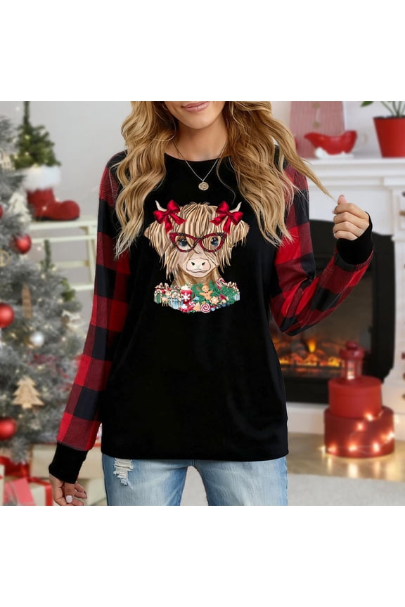 Women's Long Sleeve Christmas Top, Highland Cow With Bows & Glasses Festive Graphic Plaid Raglan Sweatshirt