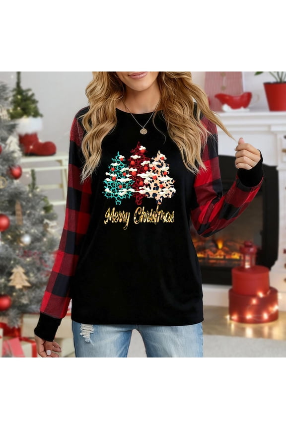 Women's Long Sleeve Christmas Top, Leopard Print Christmas Trees "Merry Christmas" Graphic Plaid Raglan Sweatshirt
