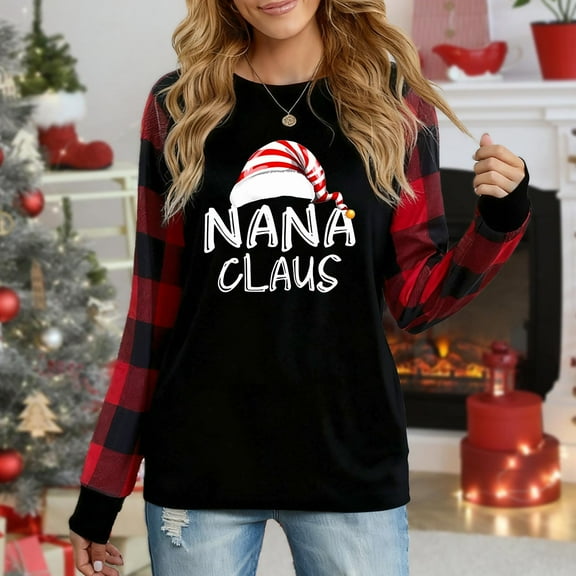 Women's Long Sleeve Christmas Top, "Nana Claus" Santa Hat Graphic Plaid Raglan Sweatshirt