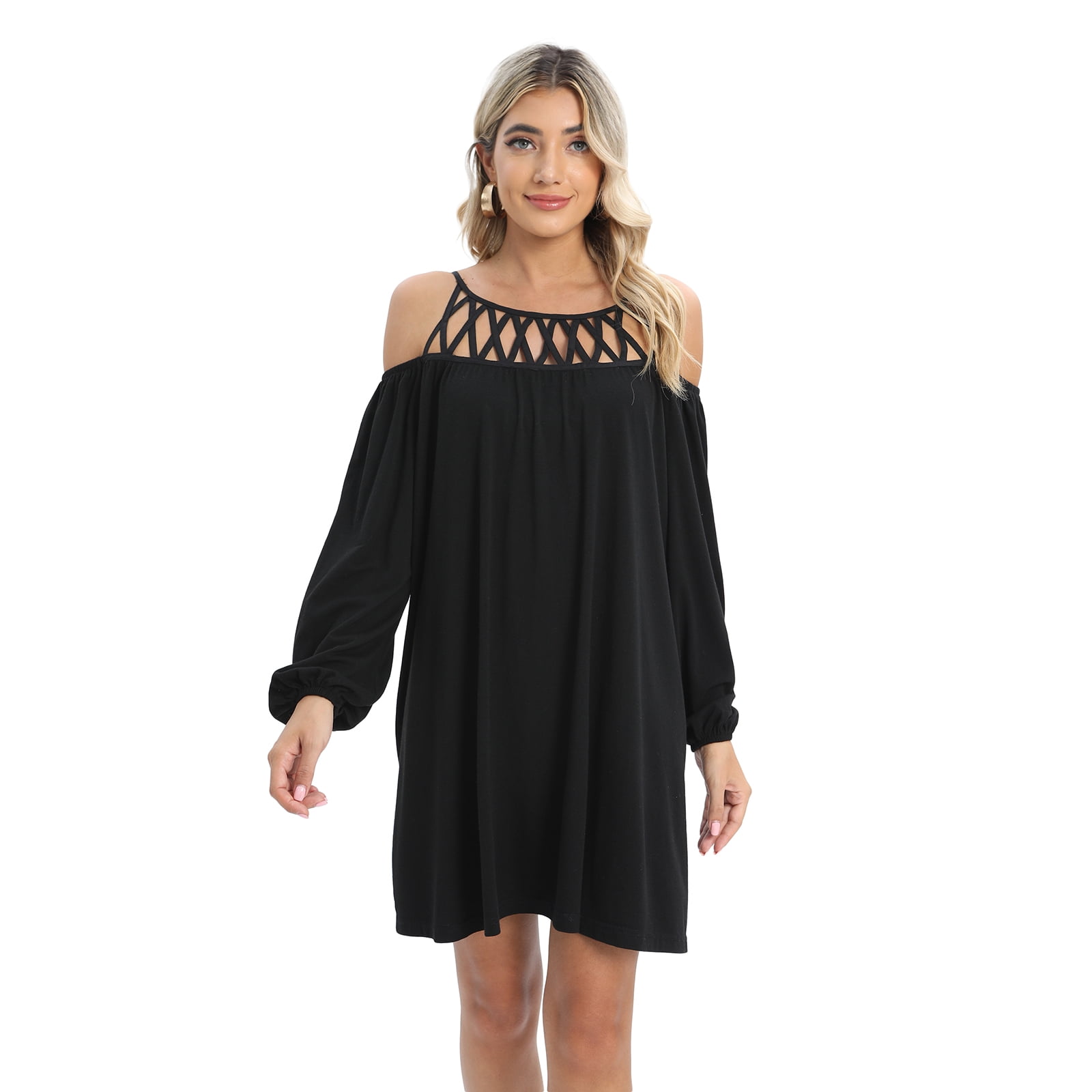 Women's Long Sleeve Cold Shoulder Swing Loose Mini Dress