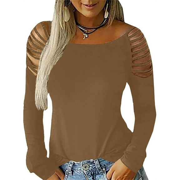 Women's Long Sleeve Cold Shoulder Tops Plain Hollow Out Boat Neck Casual Shirts