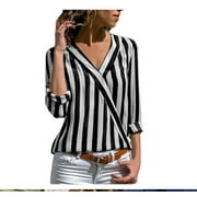 Women's Long Sleeve Collar Striped Shirt Tops for Women