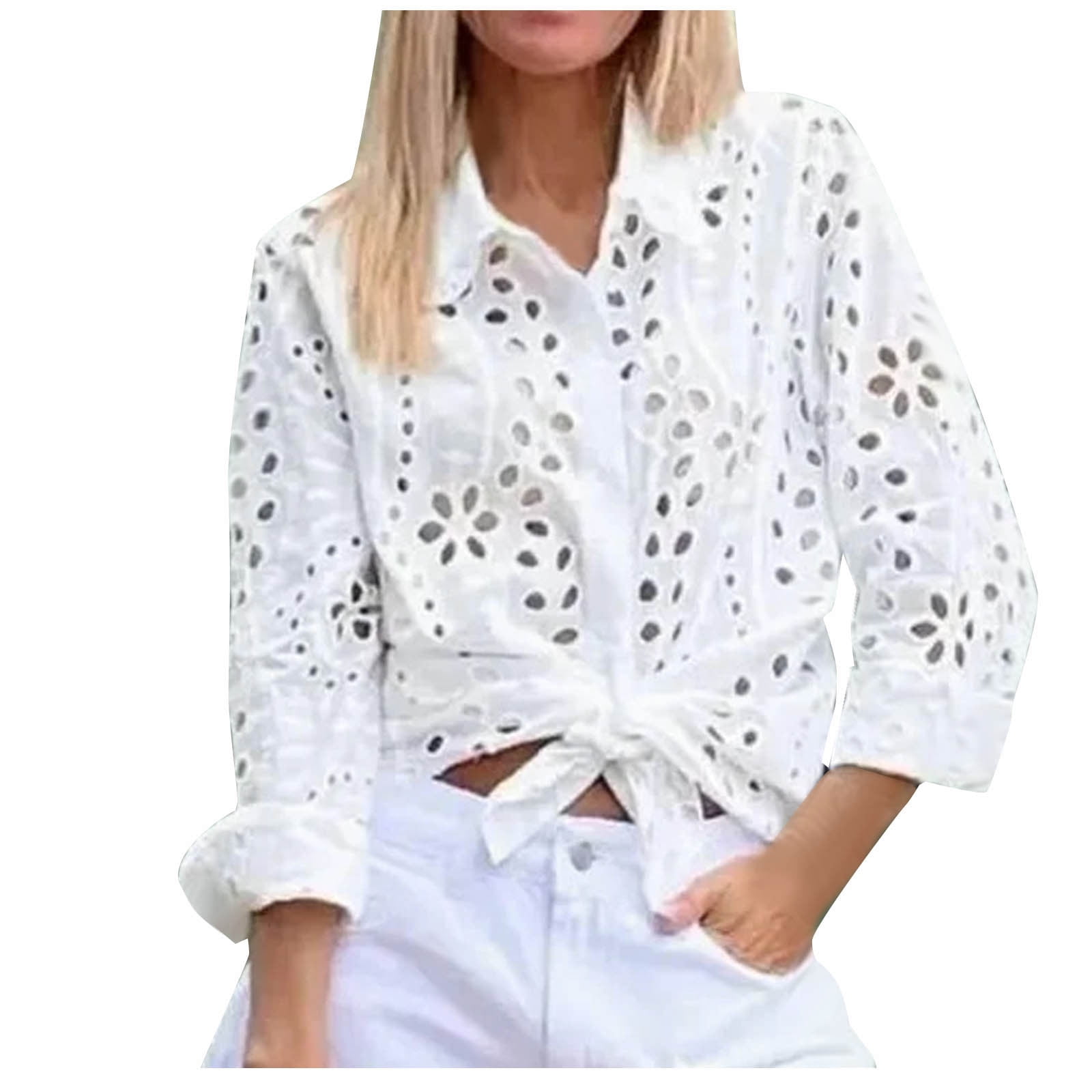 Women's Sheer Button Down Top Long Sleeve Collar Drop Shoulder Blouse Shirt