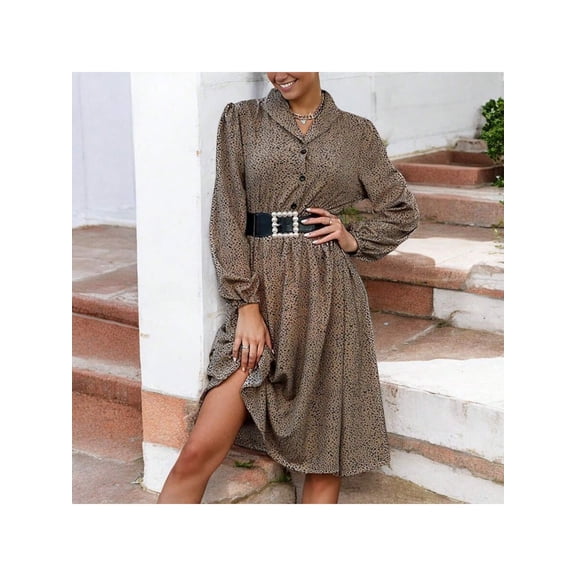 Women's Long Sleeve Collared Button-Down Midi Dress with Elastic Waist- Medium, Brown