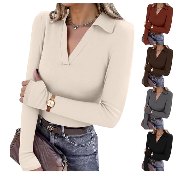 Women's Long Sleeve Collared Polo Shirts Ribbed Knit Slim Fitted V Neck Work Tops Khaki L