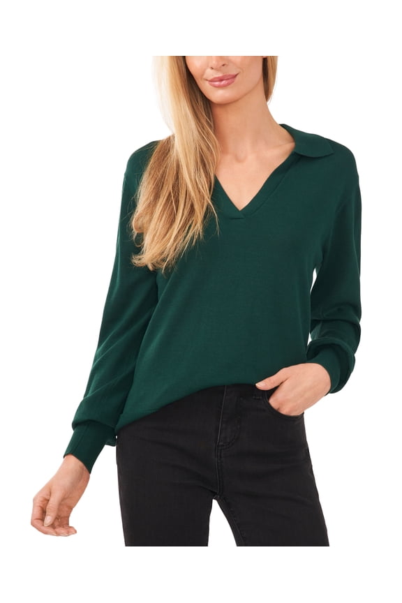 Women's Long Sleeve Collared Polo V-Neck Sweater Dark Forest M