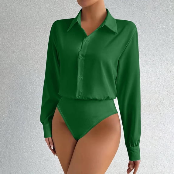 Women's Long Sleeve Collared Shirt Bodysuit Button Front Stretchy Slim Fit Tucked-in Design for Office Date Nigh Green 2XL