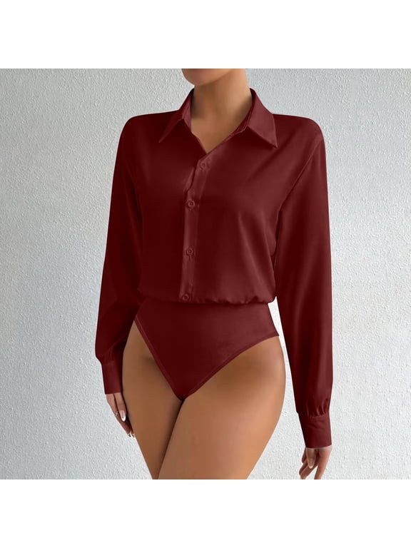 Women's Long Sleeve Collared Shirt Bodysuit Button Front Stretchy Slim Fit Tucked-in Design for Office Date Nigh Red XL