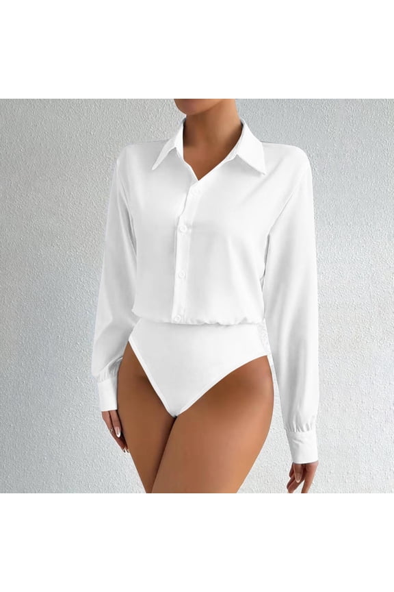 Women's Long Sleeve Collared Shirt Bodysuit Button Front Stretchy Slim Fit Tucked-in Design for Office Date Nigh White XL