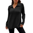 thumbnail image 1 of Women's Long Sleeve Collared V-Neck Ribbed Knit Top, Casual Loose Fit Pullover Sweater, 1 of 5