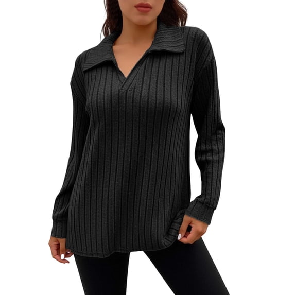 Women's Long Sleeve Collared V-Neck Ribbed Knit Top, Casual Loose Fit Pullover Sweater