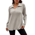 thumbnail image 1 of Women's Long Sleeve Collared V-Neck Ribbed Knit Top, Casual Loose Fit Pullover Sweater, 1 of 5