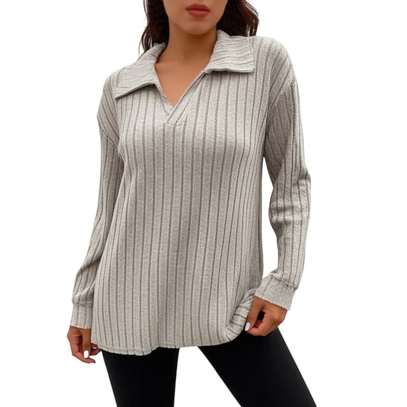 Women's Long Sleeve Collared V-Neck Ribbed Knit Top, Casual Loose Fit Pullover Sweater