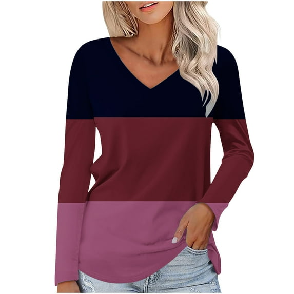 Women's Long Sleeve Color Block Tunics Tops V Neck Casual Cute Shirts Fall Loose Fit Blouses Tees
