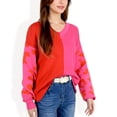 thumbnail image 1 of Women's Long Sleeve Color Block V-Neck Sweater with Leopard Print Sleeves - Large, Fuchsia, 1 of 6