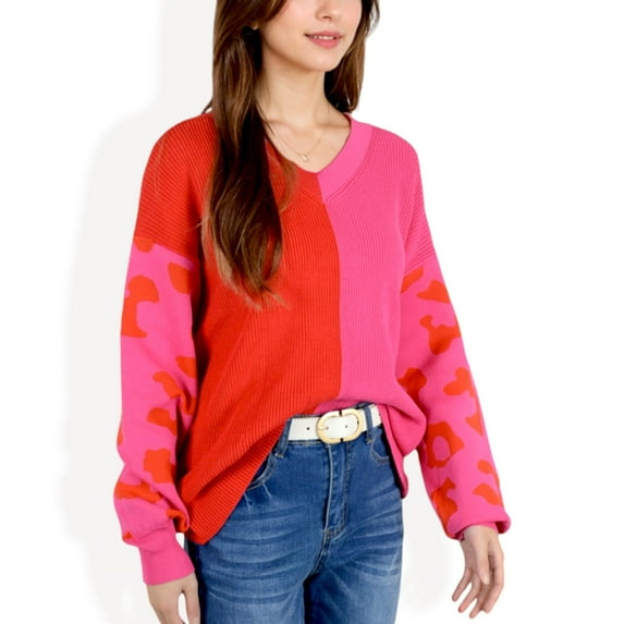 Women's Long Sleeve Color Block V-Neck Sweater with Leopard Print Sleeves - Large, Fuchsia