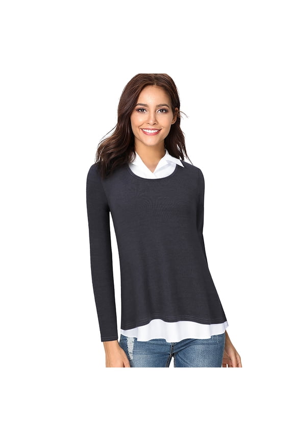 Women's Long Sleeve Contrast Collared Shirts Patchwork Work Blouse Tunics Tops