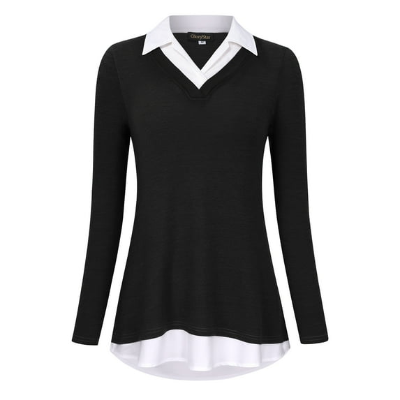 Women's Long Sleeve Contrast Collared Shirts Patchwork Work Blouse Tunics Tops