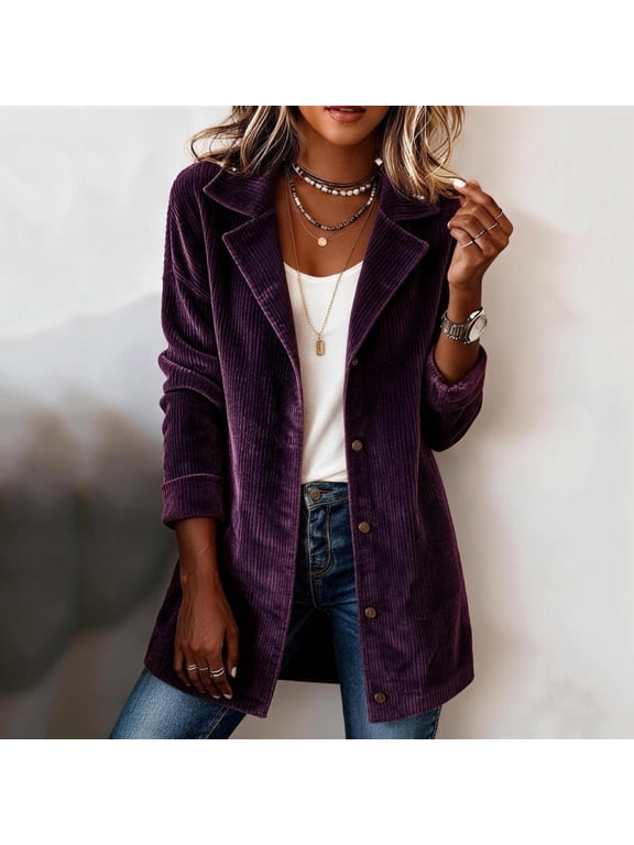 Women's Long Sleeve Corduroy Blazer Jacket Dressy Casual Notched Lapel Button Down Mid-Length Suit Coats Fall Winter Boyfriend Work Office Shacket with Pockets Purple M