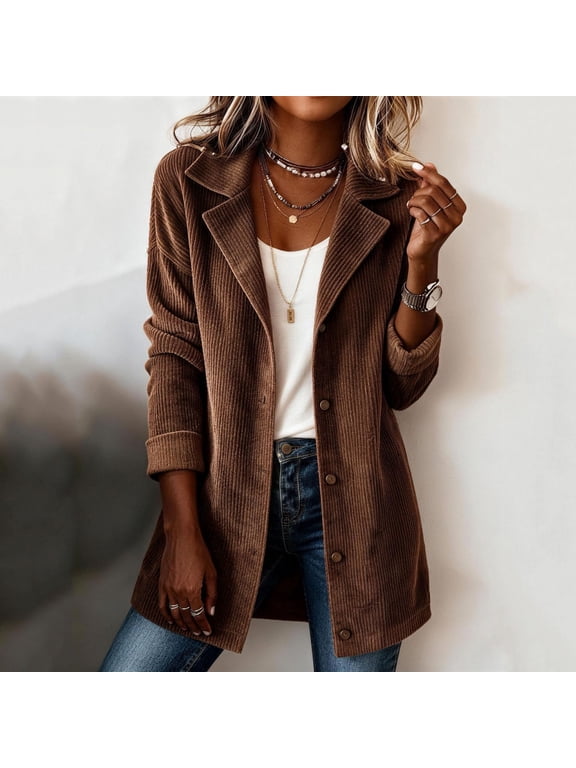 Women's Long Sleeve Corduroy Blazer Jacket Dressy Casual Notched Lapel Button Down Mid-Length Suit Coats Fall Winter Boyfriend Work Office Shacket with Pockets Brown M