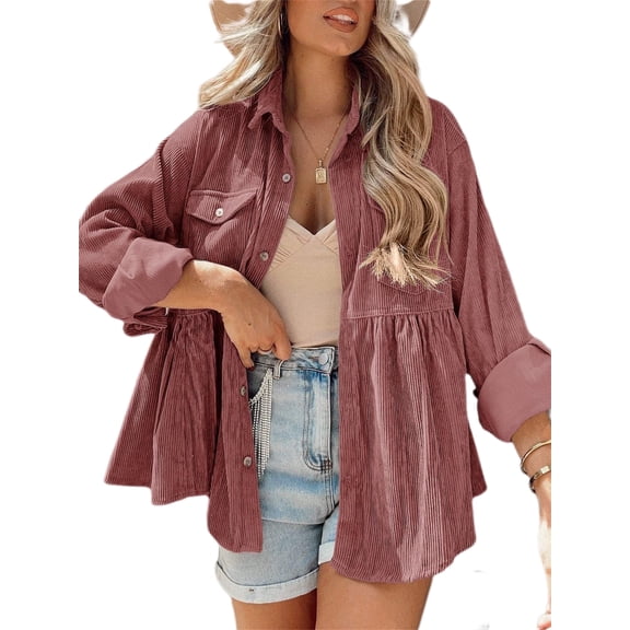 Women Long Sleeve Corduroy Peplum Shacket Jacket Button Down Babydoll Shirts Oversized Casual Blouses Tops