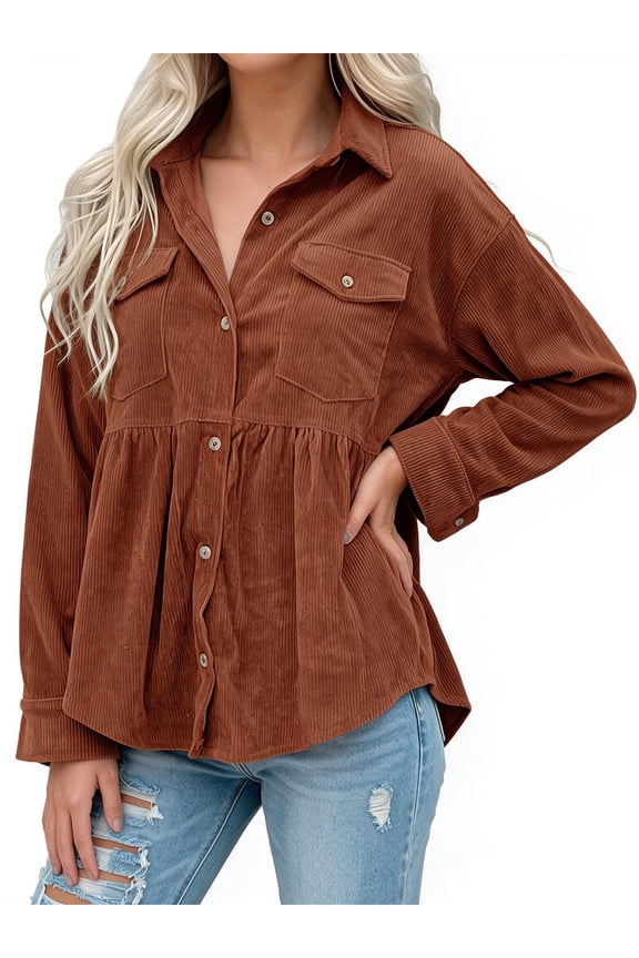 Women Long Sleeve Corduroy Peplum Shacket Jacket Button Down Babydoll Shirts Oversized Casual Blouses Tops