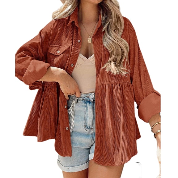 Women Long Sleeve Corduroy Peplum Shacket Jacket Button Down Babydoll Shirts Oversized Casual Blouses Tops