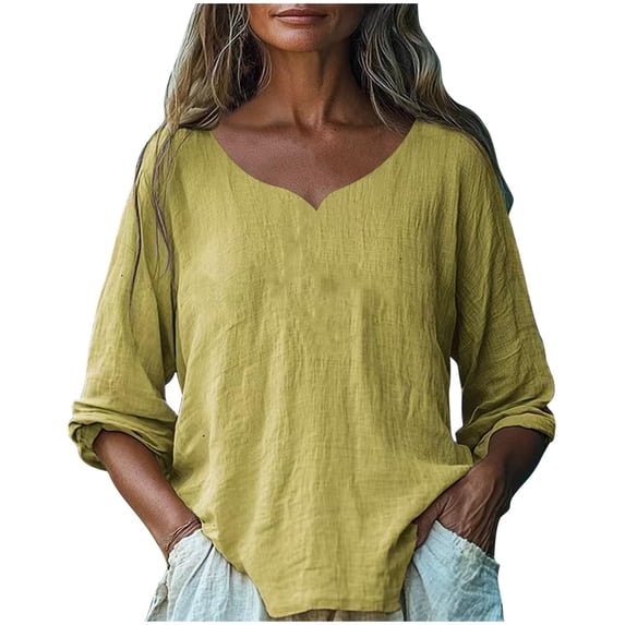 Women's Long Sleeve Cotton Linen Shirts 2026 Casual Heart V Neck Shirts Loose Vintage Boho Tops Beach Vacation Outfits