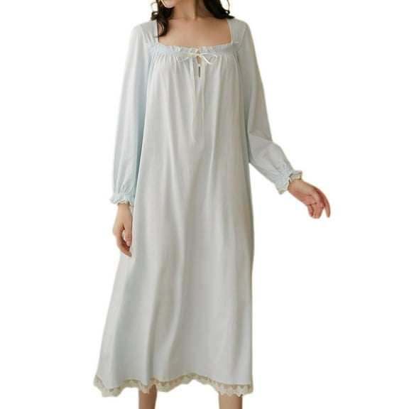 Women's Long Sleeve Cotton Nightgown Sleep Dress Princess Square Neck Long Sleeve Vintage Lace Frilly Soft Loose Sleepwear Blue Medium