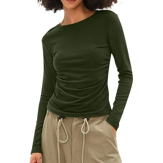 Women's Long Sleeve Cotton T Shirt,Trendy Solid Crew Neck Shirts Spring Basic Casual Ruched Side Slim Tops Green XXL