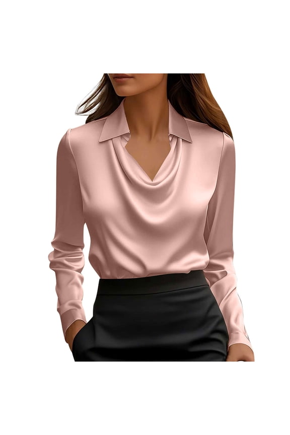 Women's Long Sleeve Cowl Neck Shirts Fall Satin Slim Fit Ruched Going Out Crop Tops Business Work Basic T-Shirts