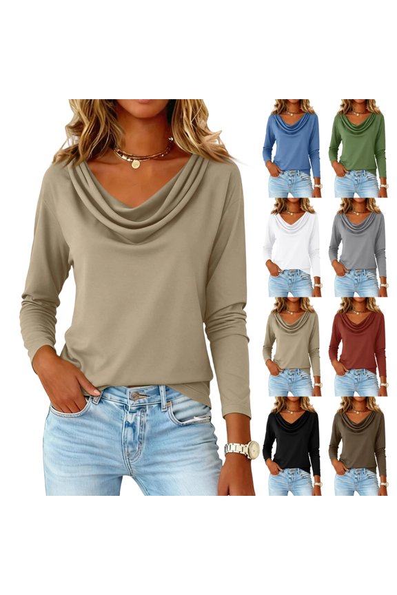 Women's Long Sleeve Cowl Neck Sweater Pullover Turtleneck Casual Loose Sweatshirts Tunic Tops, Khaki M