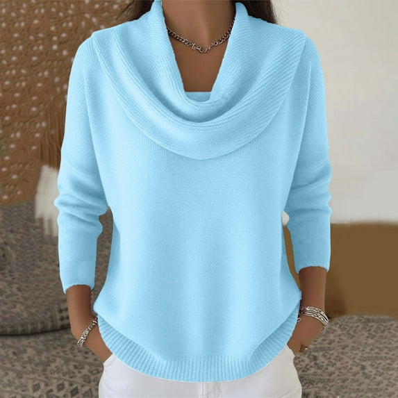 Women's Long Sleeve Cowl Neck Sweater Pullover Turtleneck Casual Loose Sweatshirts Tunic Tops Sky Blue XL